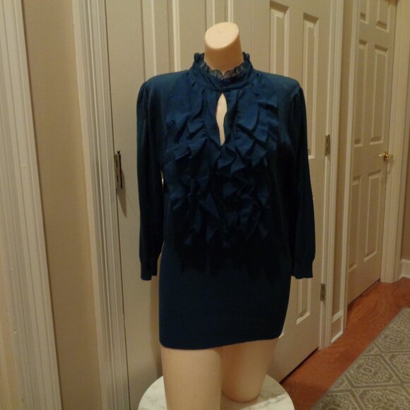 Willi Smith dark teal top! Front ruffle, keyhole neckline, stretchy knit - Picture 1 of 5